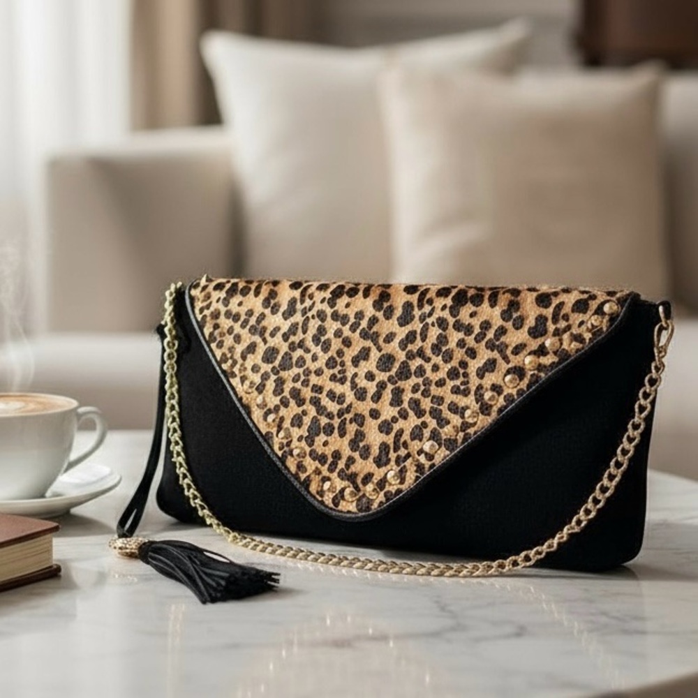 Vince Camuto Cheetah Print Black Suede Calf Hair Studded Envelope Purse